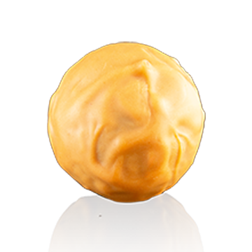 Ein Sahne-Karamell mit frischer Vanille und Erdnussmark kombiniert mit Vollmilch Schokolade, gerollt in Karamell Schokolade.